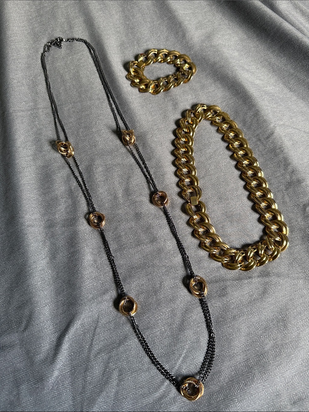 2 Necklaces and 1 Bracelet: Gold-Tone Chain Necklace and Bracelet Set